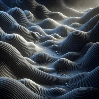 The primary subject of the image is a series of waves or ripples, which are the main objects in the scene. The setting is a dark background, which creates a moody atmosphere. The visual style is a combination of photo and digital art, as the waves are depicted in a detailed and intricate manner. The colors are predominantly dark, with the waves being the main focus, and the overall mood is mysterious and captivating.